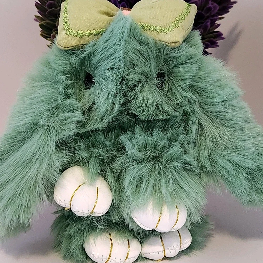 Sage Green Faux Fur Bunny Keychain Bag Charm with Olive Bow and Gold Accents